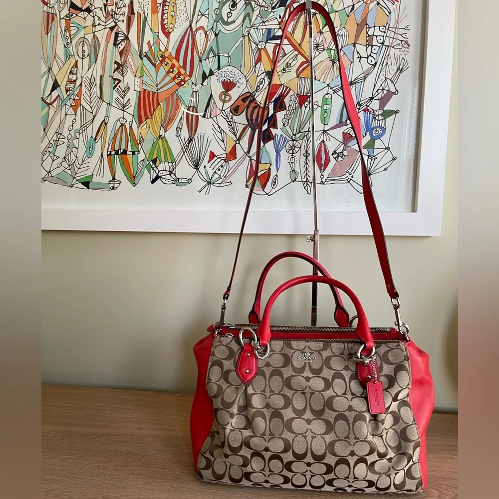 COACH F36376 SIGNATURE COLETTE CARRYALL RED TAN BROWN SHOULDER SATCHEL CROSSBODY